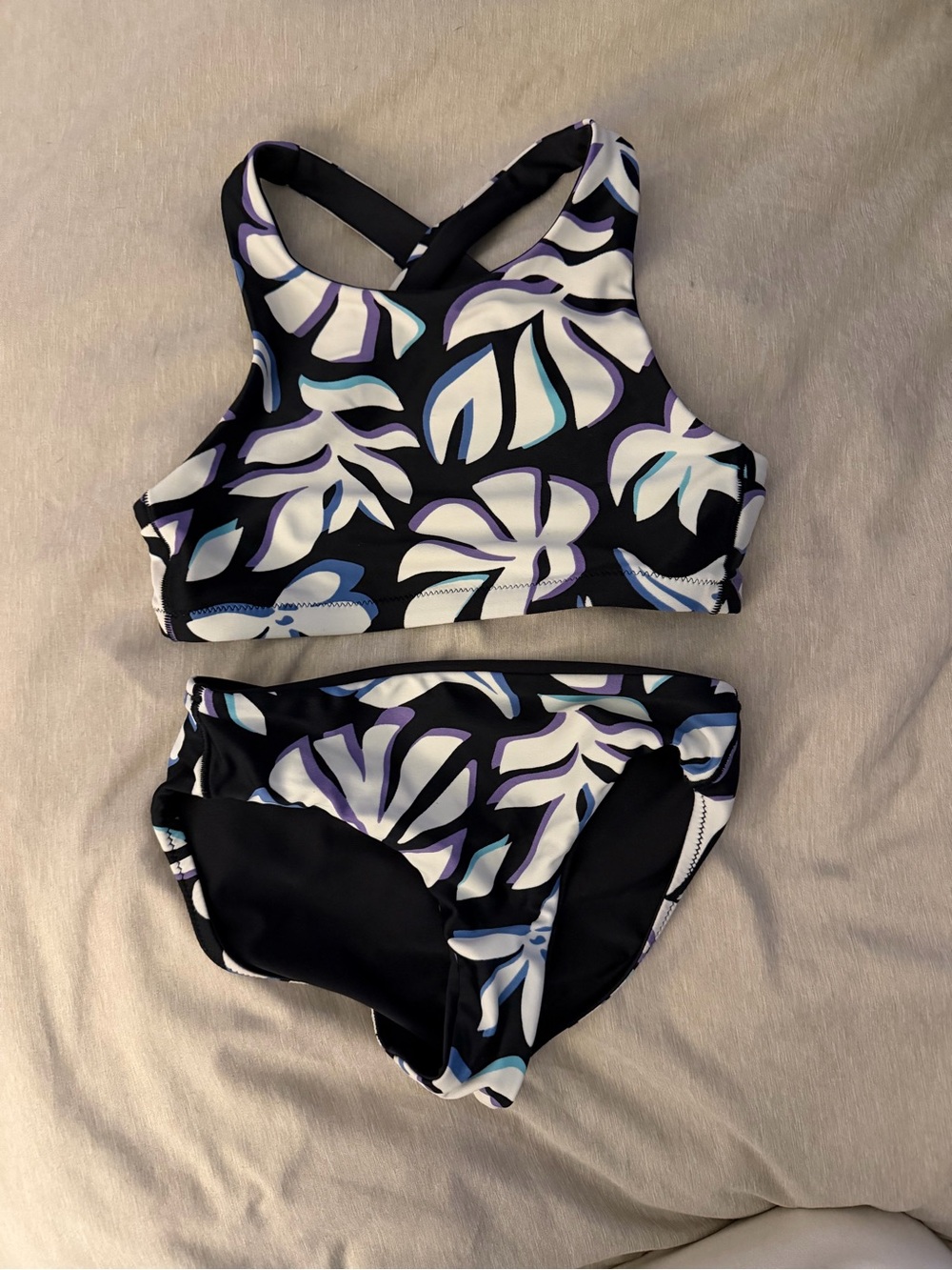 ATHLETA Girls' Black Floral Two-Piece Swim Set - Purple & White Print